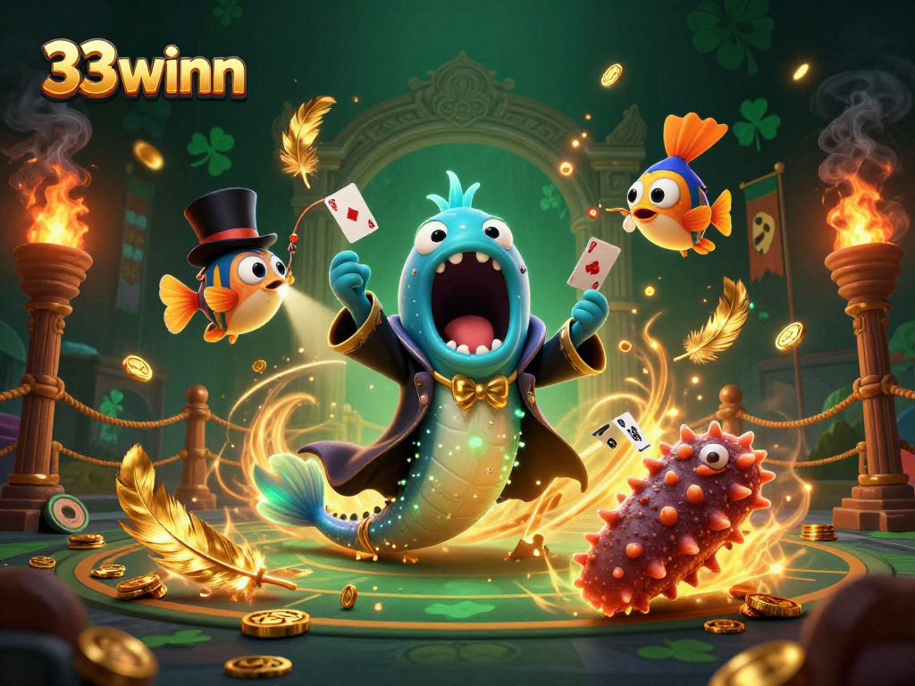 Engage with the thrilling magic of 33winn as the gulper eel performs card tricks surrounded by dynamic casino elements.