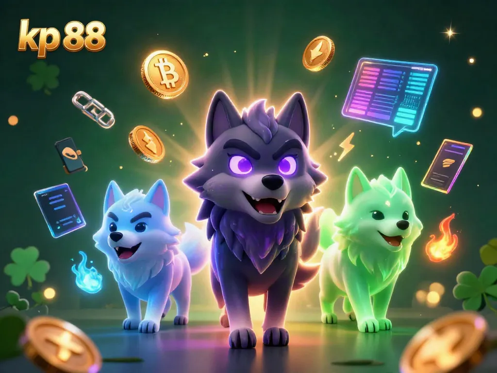 Engage with kp 88 as the shadow wolf leader commands a dynamic digital scene filled with cryptocurrencies and neon effects.