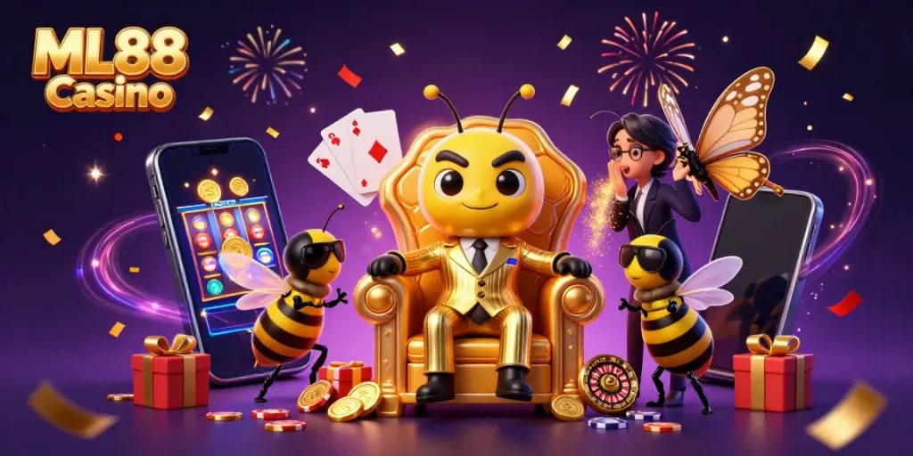Experience the excitement of ML88 Casino with a dynamic 3D illustration of a bumblebee mob boss and gaming elements.