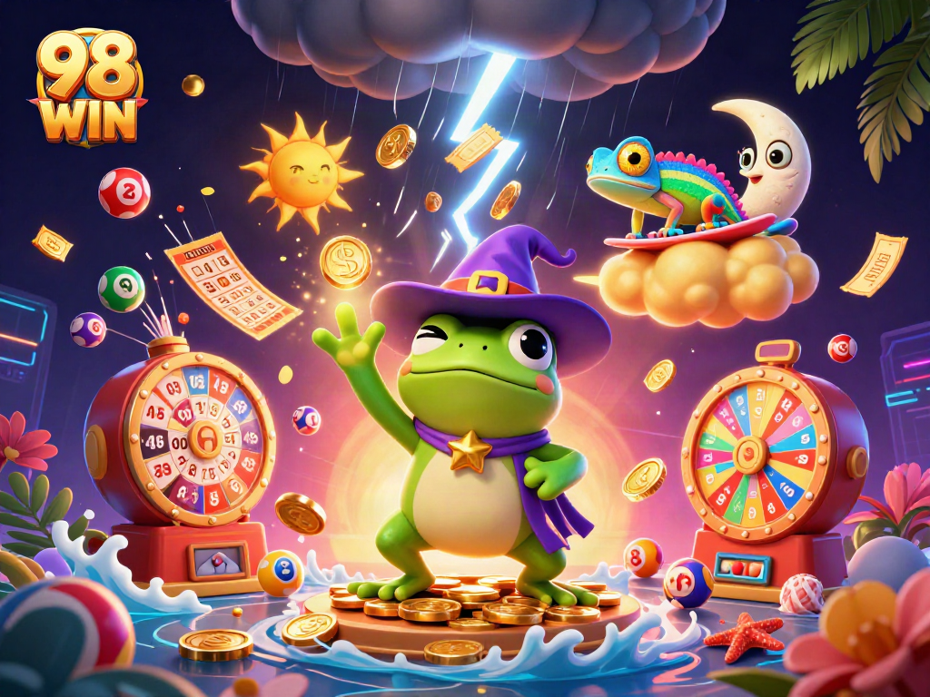 Engage with exciting games at 98 WIN as a weather wizard frog conjures a storm of winning rewards.