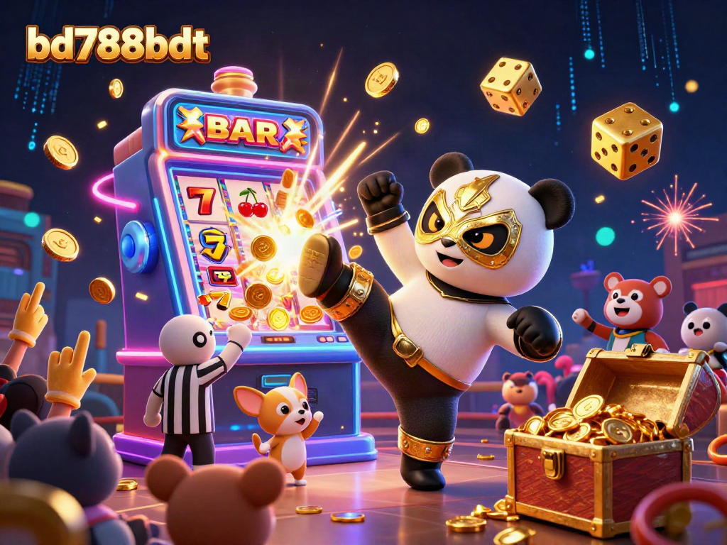 Engage with bd788bdt's vibrant action-packed casino scene featuring a wrestling panda and lively game elements.