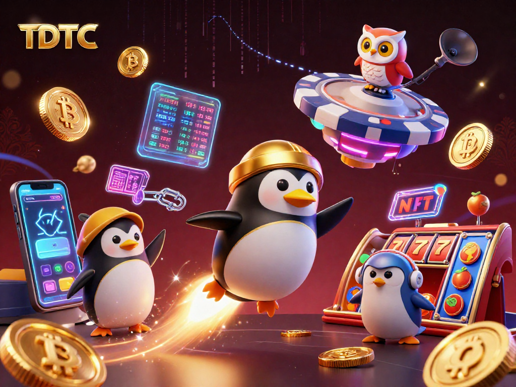 Engage with TDTC's immersive gaming world showcasing a golden penguin and vibrant casino elements.