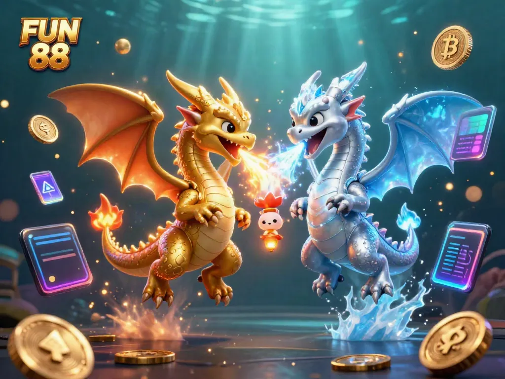 Experience immersive gameplay with FUN 88, featuring dynamic dragons and vibrant crypto elements.