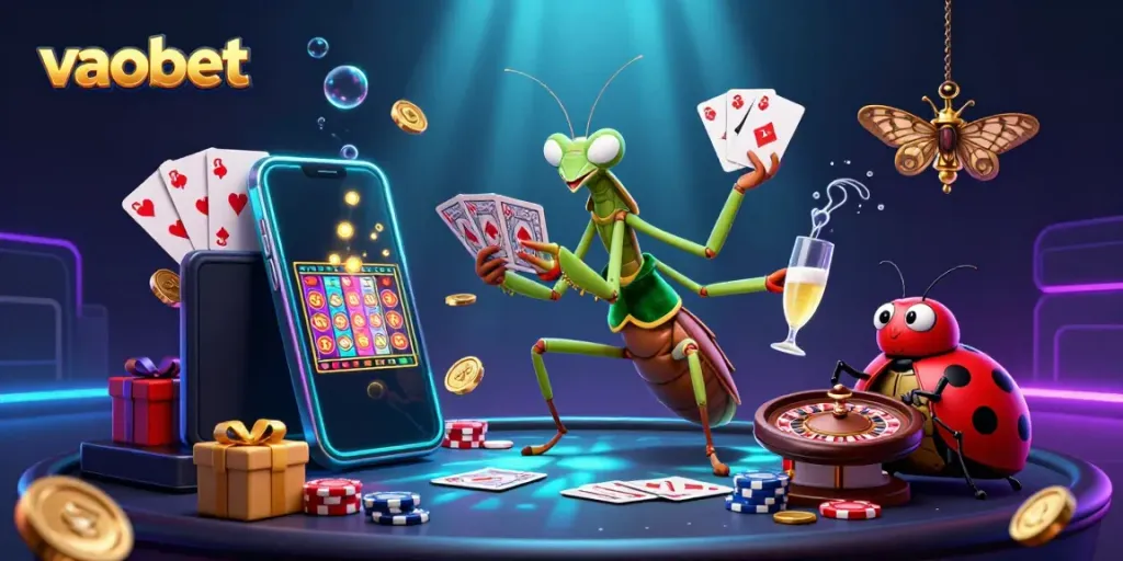 Experience excitement with a vibrant scene of vaobet featuring a praying mantis card sharp and ladybug pit boss engaging in casino action.