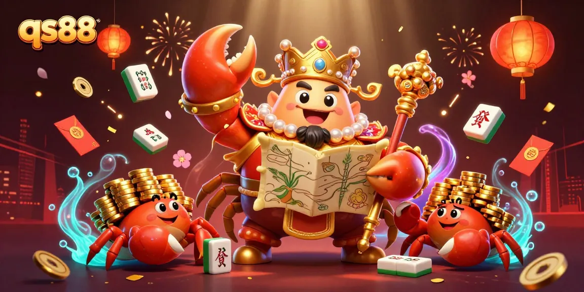 Engage with qs88's vibrant gaming scene featuring a golden crab emperor and exciting casino elements.