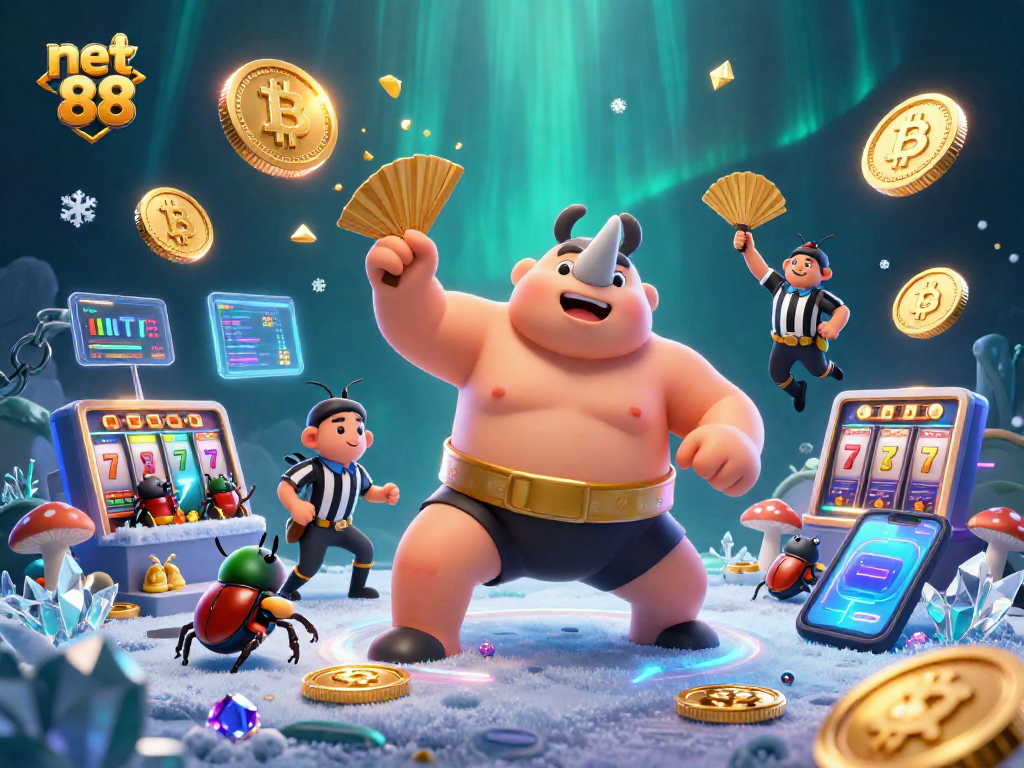 Experience thrilling wins at net 88 with a vibrant 3D casino scene featuring beetle champions.