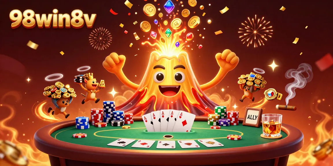 Experience the thrill of winnings at 98win8v with an erupting volcano of treasure and epic poker elements.