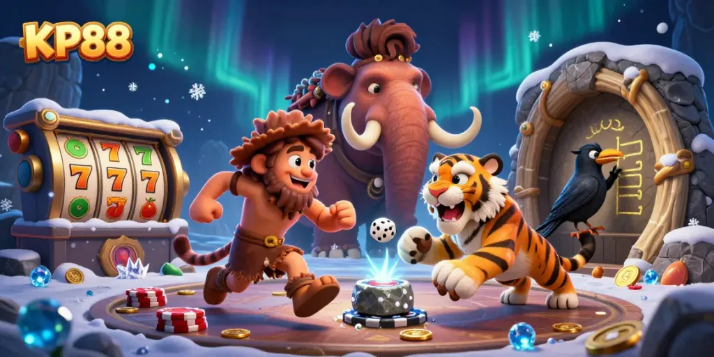 KP88 offers an engaging prehistoric casino experience with cartoon characters and vibrant slot elements.