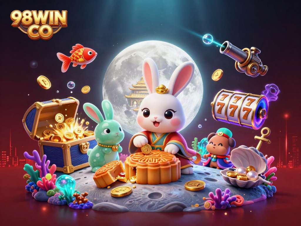 Experience the exciting world of 98WIN CO with a lively illustration of moon rabbits and casino elements.