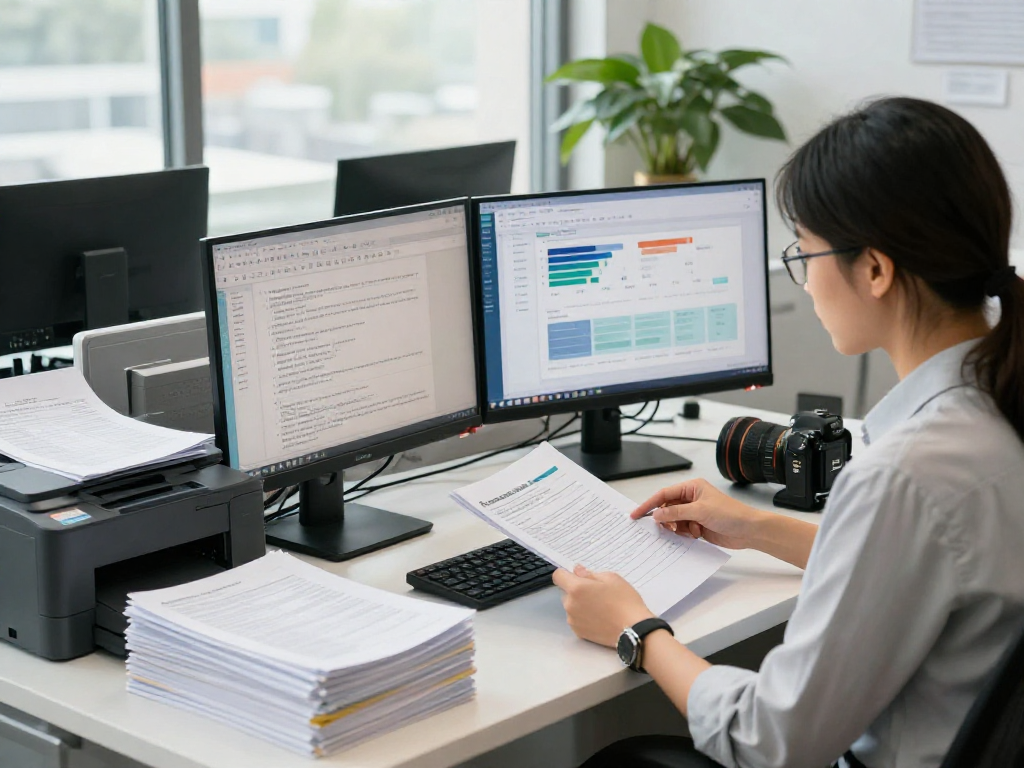 Document fraud detection analyst reviewing reports in a secure office environment, showcasing technology and data.