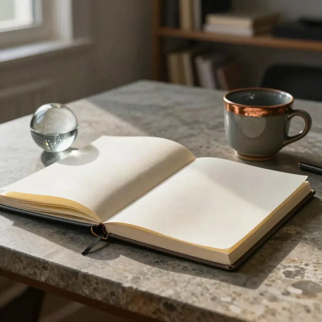 Open strategy notebook, cream planning sheets, ceramic cup and glass paperweight on a stone table.