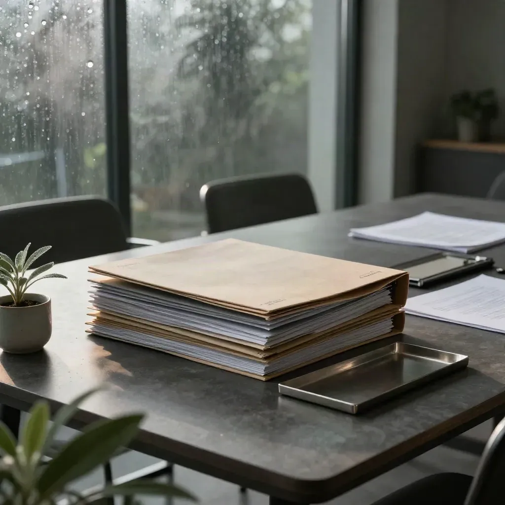 Rainy conference room still life with strategy folders, planning boards, plant, and cup.