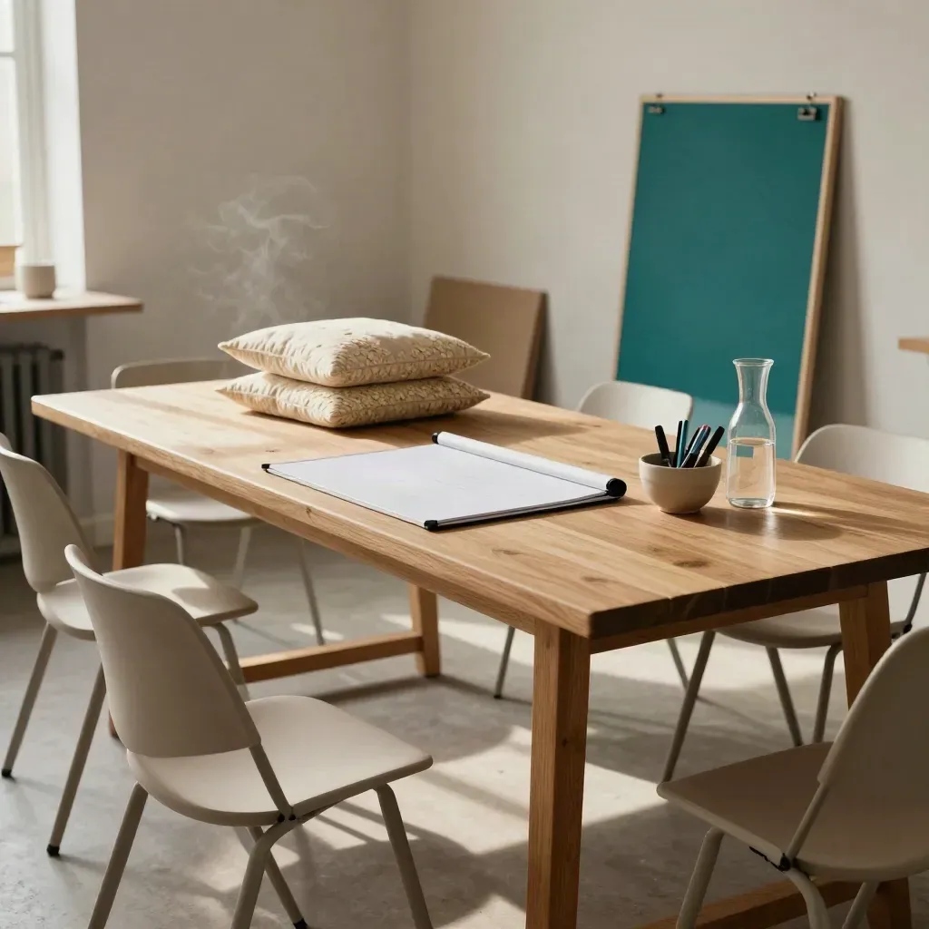Oak workshop table set for a team session in a bright studio, with chairs, cushions, markers and teal accents.