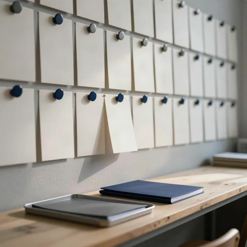 Process audit wall with blank cards, magnets, trays and a closed folder in a workshop