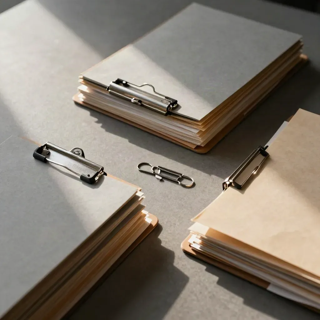 Top-down audit folders and face-down clipboards on a warm-gray desktop, lit by soft daylight.