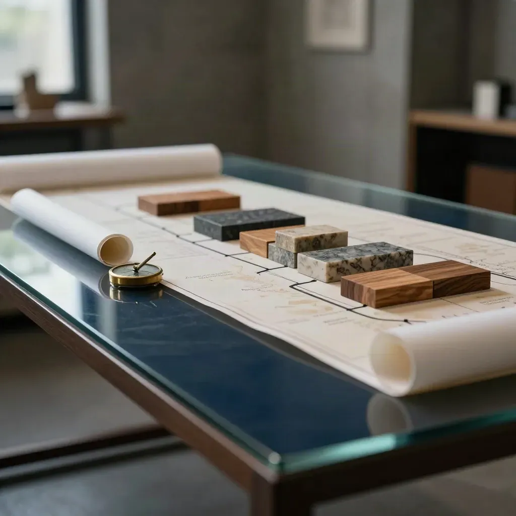 Glass project table with rolled plans and a block route model in a moody strategy studio.