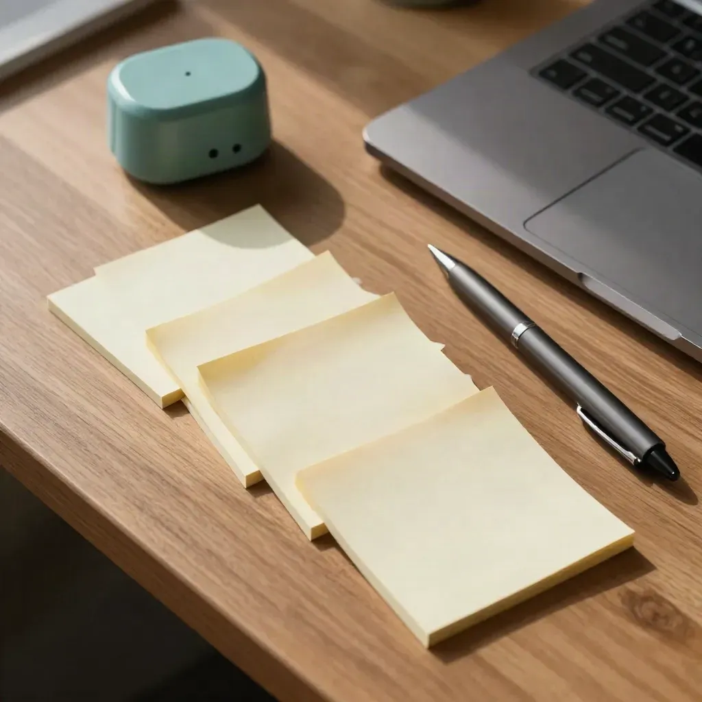 Overhead view of sorted sticky notes, timer, pen and closed laptop on a calm planning desk.