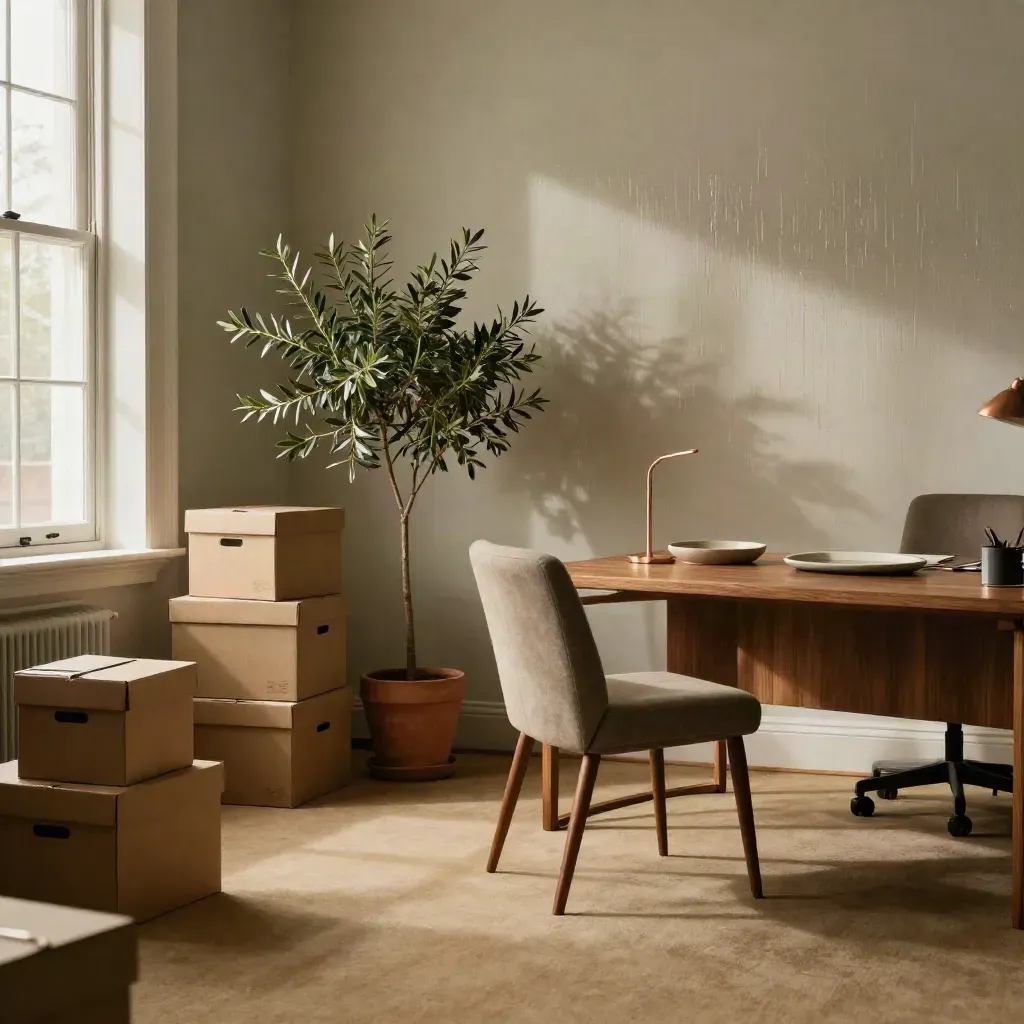 Transitional office corner mid-shift with boxes, moved plant, two chairs, and an arranged desk.