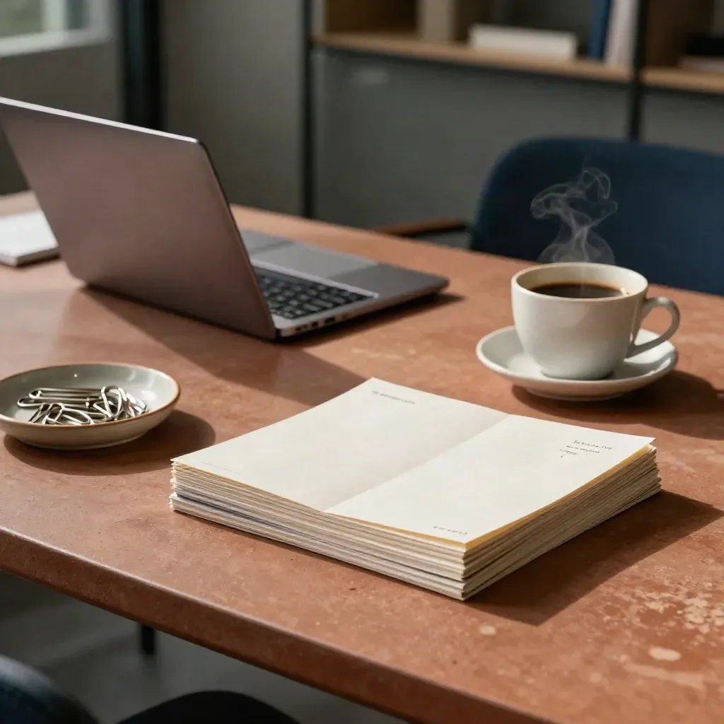 Closed laptop, notebooks, review cards and coffee on a terracotta consulting table.