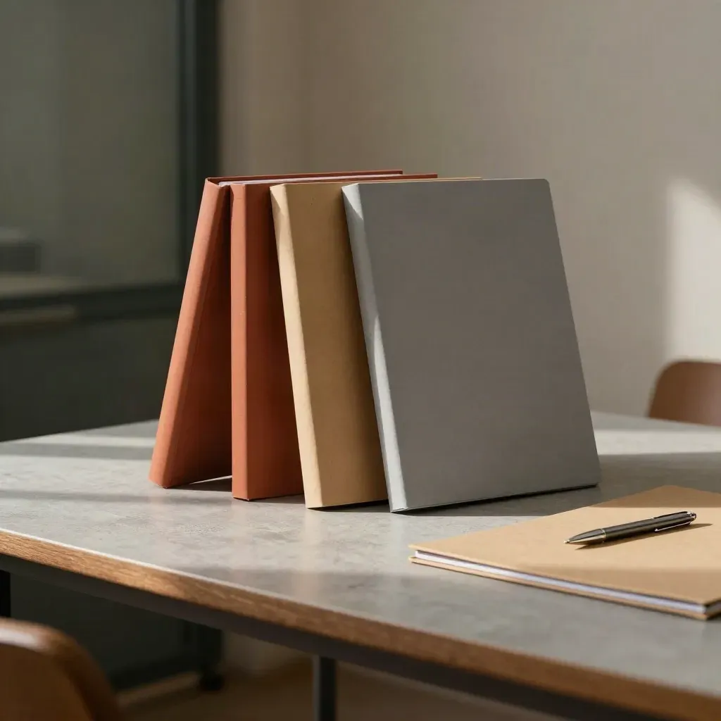 Project review table with folders, a face-down planning board, and a metal pen cap.
