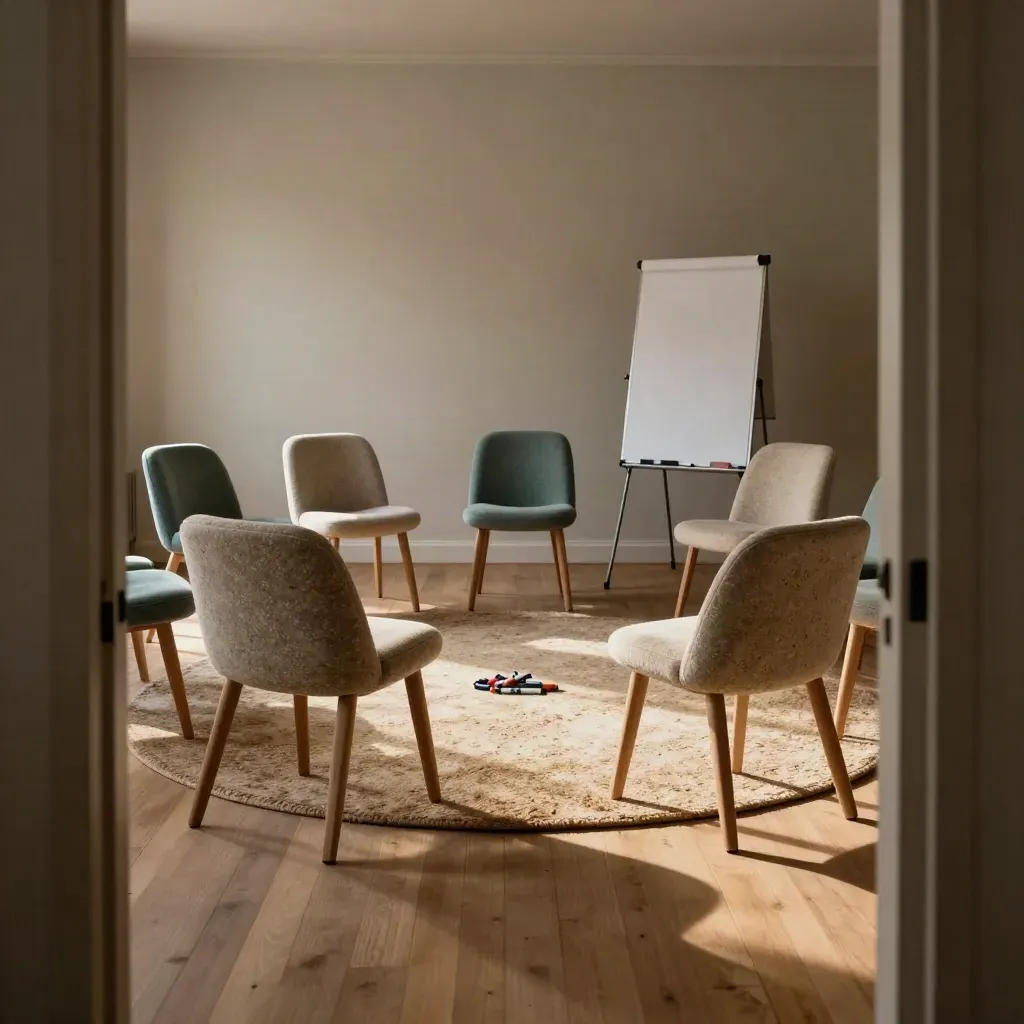Reset seminar room with circle chairs, blank flipchart pad, and markers in moody doorway light.