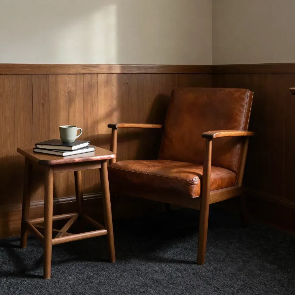 Empty chair beside notebooks and a cup in a calm office corner, low-angle warm light