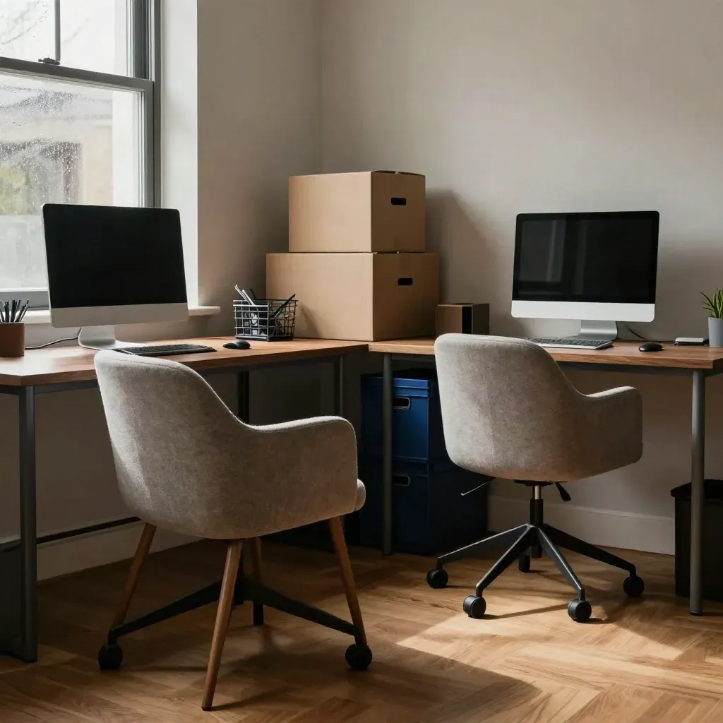 Transitional office with turned chairs, moving boxes, and a new desk in soft rain-lit window light