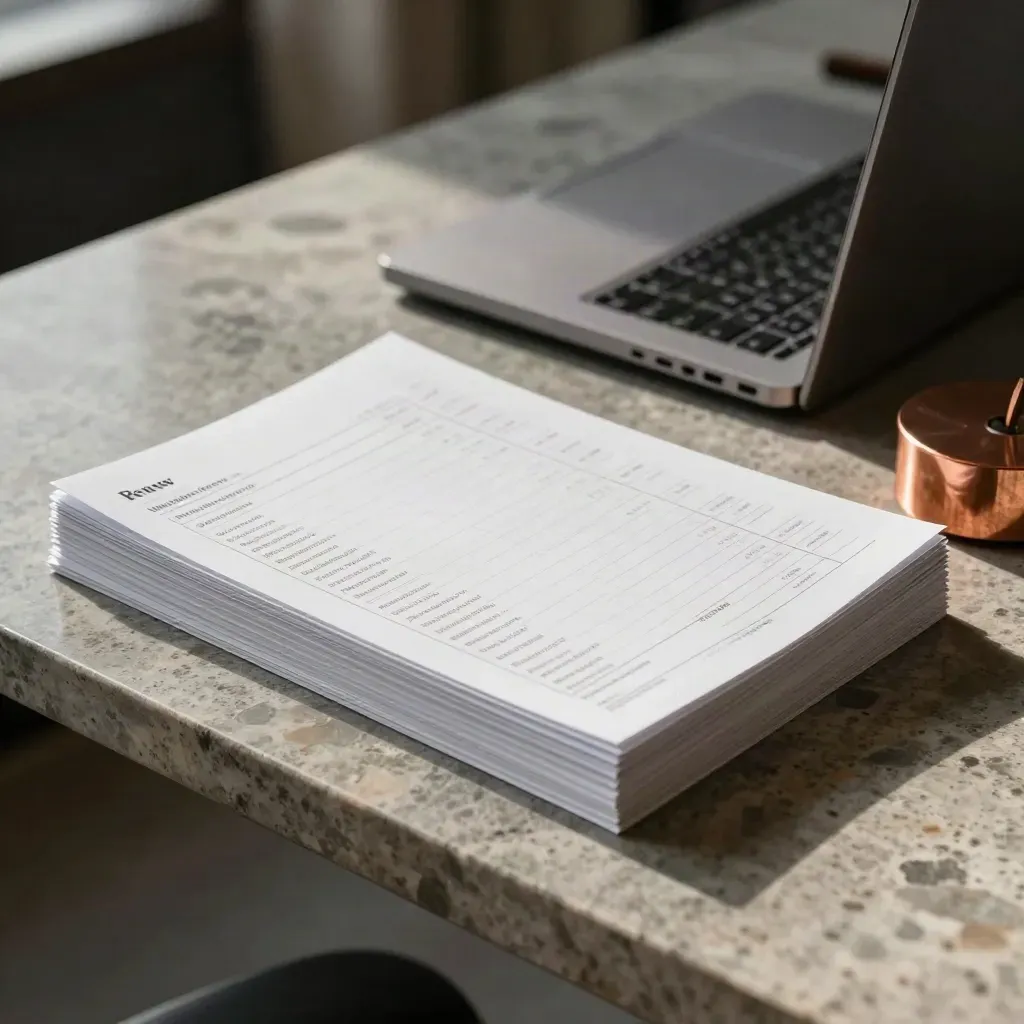 Stone table with scorecards, closed laptop, and copper paperweight in soft daylight.
