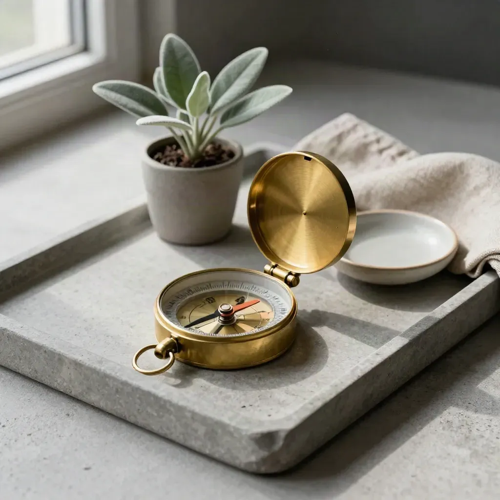 Brass compass, plant, linen cloth and ceramic dish on a stone tray in soft window light.