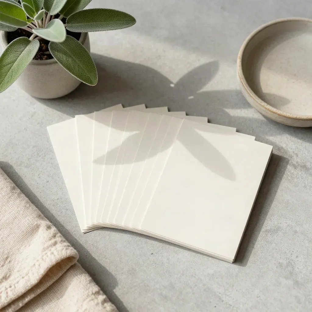 Overhead flatlay of cards, plant, wool cloth and ceramic dish on pale concrete.
