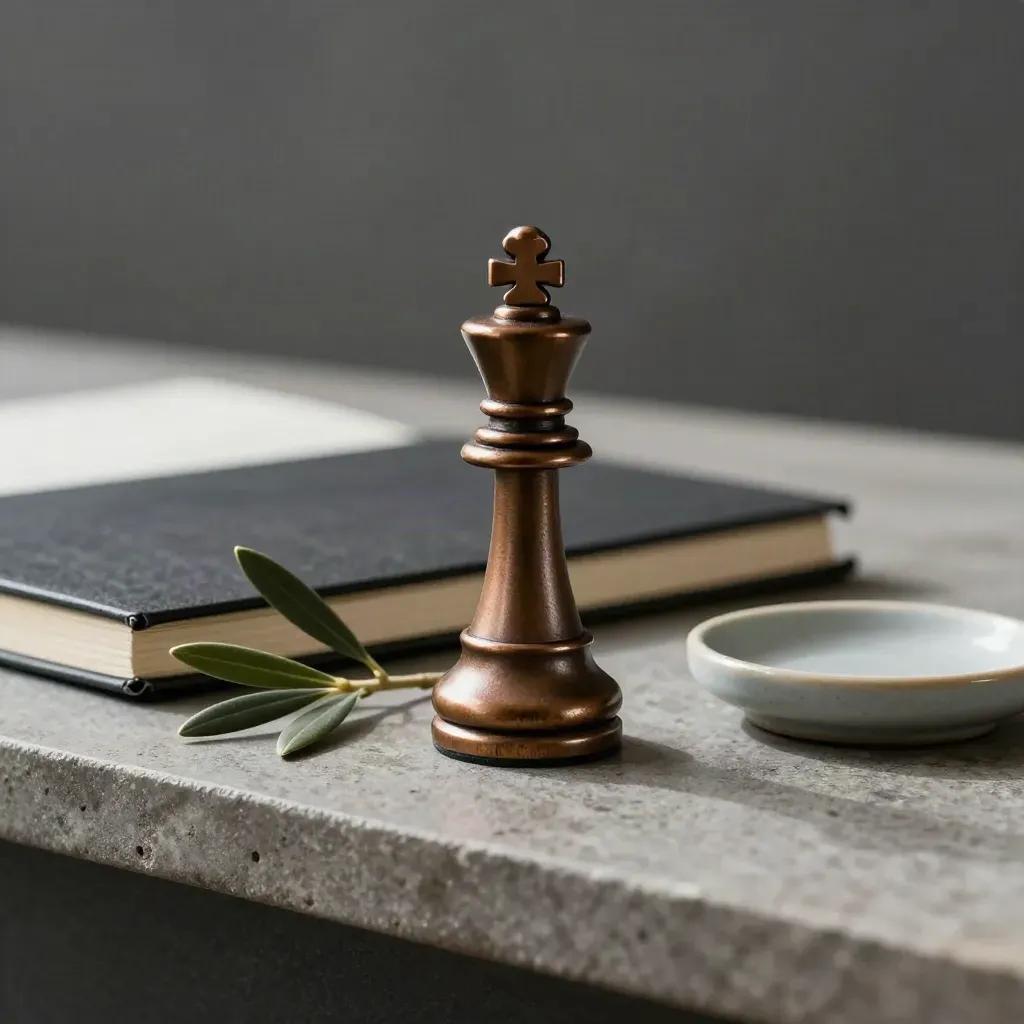 Bronze chess king ahead of a closed notebook with olive sprig on stone, low dramatic product shot.
