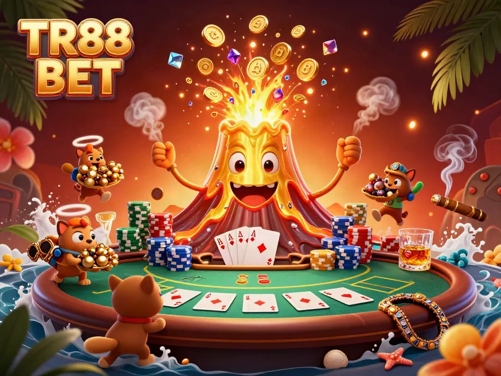 Experience thrilling gameplay with TR88 BET's vibrant 3D scene of a volcano erupting coins and treasures.