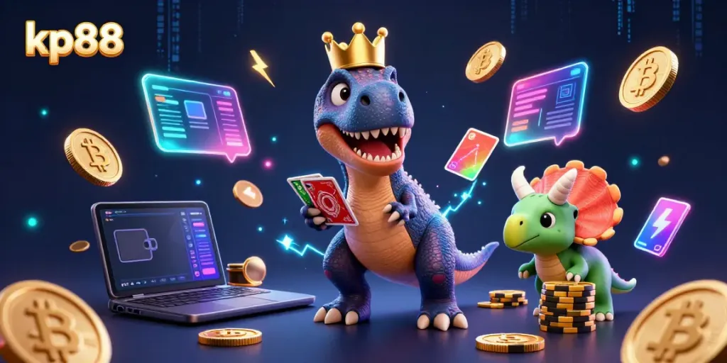 Experience thrilling gameplay at kp88 with a T-Rex dealing cards and stacking chips.