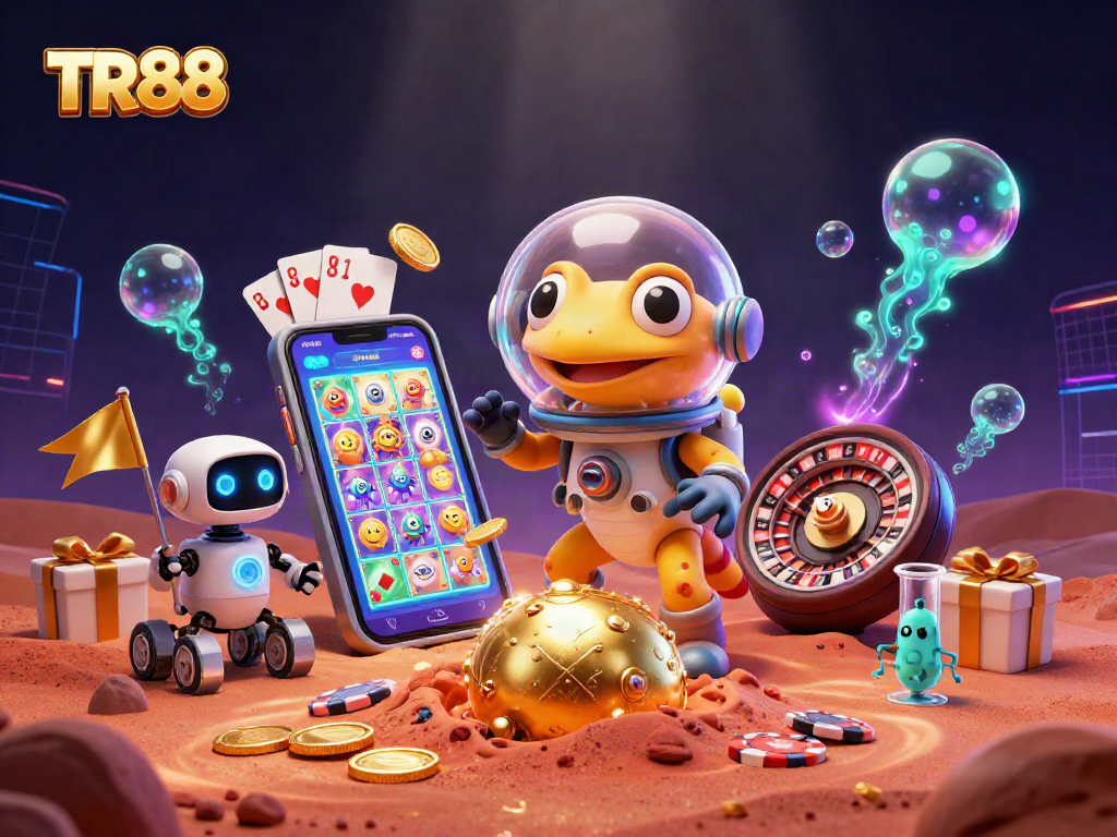 Engage with TR88's vibrant casino world featuring a Martian gecko exploring a hidden treasure.