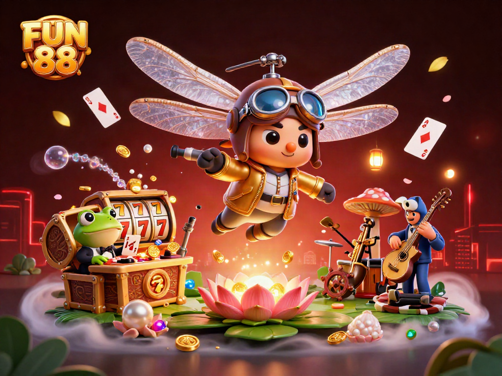 Initiate winning spins at FUN 88 with vibrant 3D casino imagery featuring dynamic games and characters.