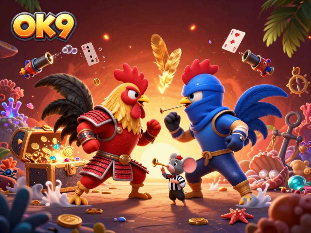 OK9 betting scene with cartoon roosters in battle, gold coins, and casino treasures