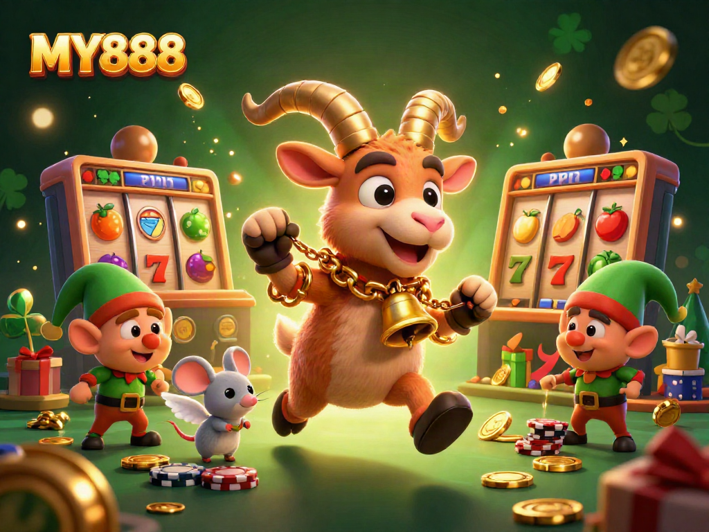 Engaging MY888 casino scene featuring a Krampus goat, angel mouse, and gremlins among vibrant slot machines and gold coins.