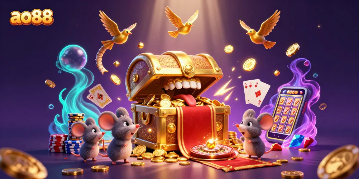 Experience amazing winnings at ao88 with 3D cartoon treasure chest, coins, and sparkling gems.
