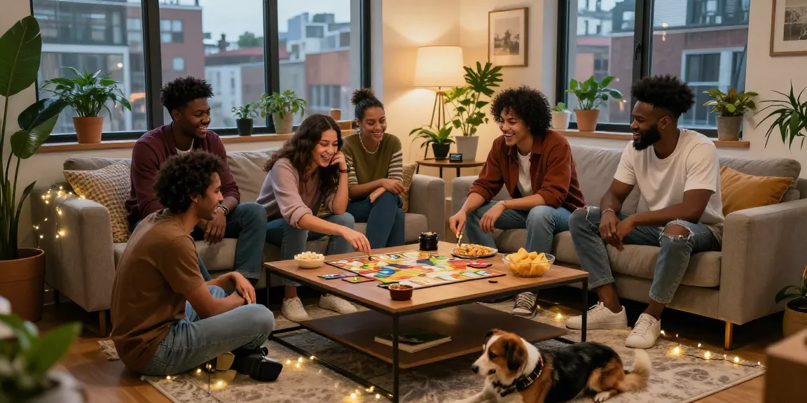 Engaging urban lifestyle scene of friends enjoying an nsfw game night in a cozy apartment.