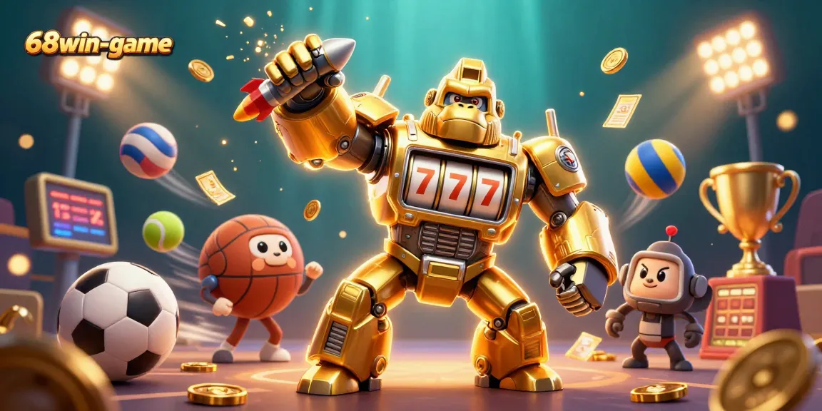 Experience thrilling action with the 68win-game gorilla mech surrounded by vibrant sports elements.