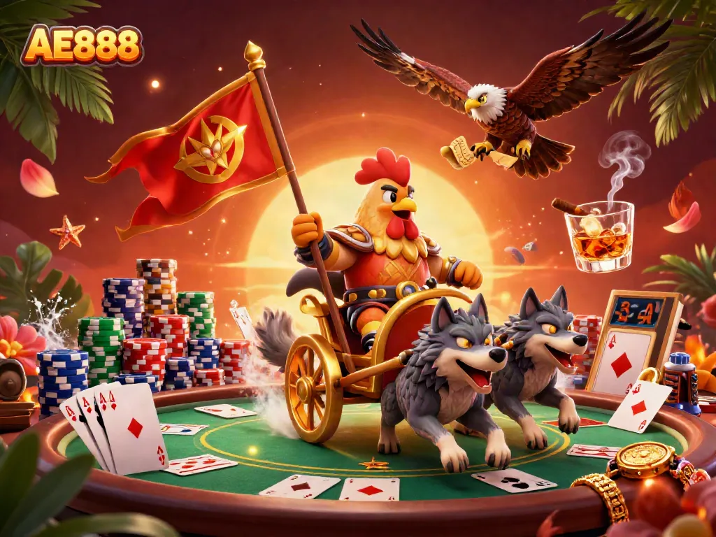 Experience thrilling gameplay with AE888 featuring a cartoon rooster warlord in a dynamic casino scene.