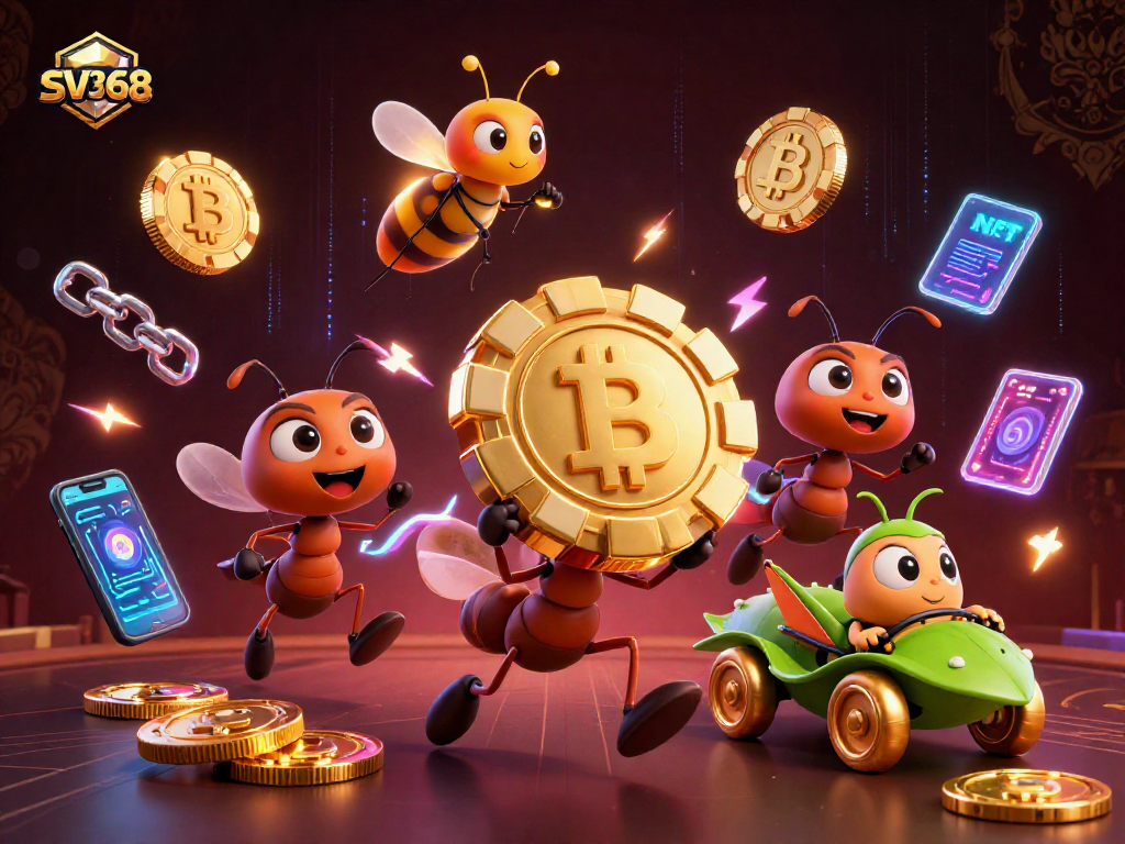 SV368 ants carrying a giant poker chip in an exciting heist scene with crypto elements.