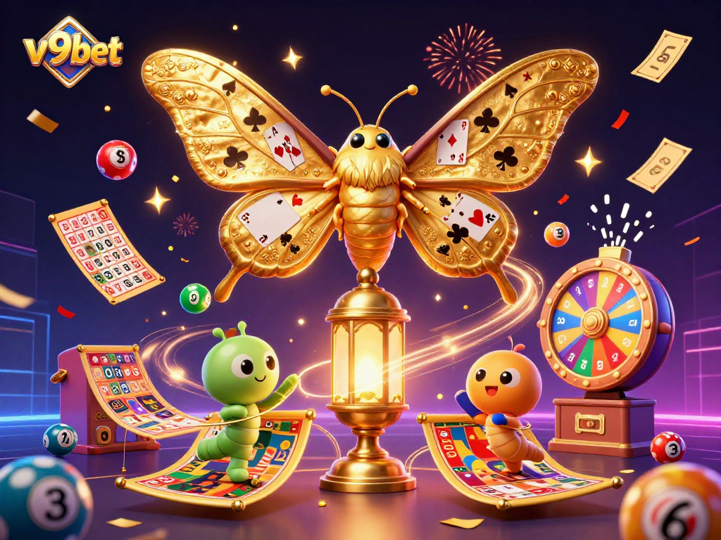 Join the excitement of v9bet with a vibrant scene featuring a grand atlas moth and colorful lottery elements.