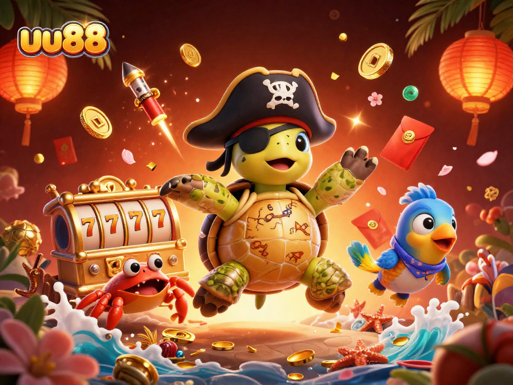 uu88 offers thrilling gaming adventures with a colorful pirate scene, vibrant 3D graphics, and engaging casino elements.