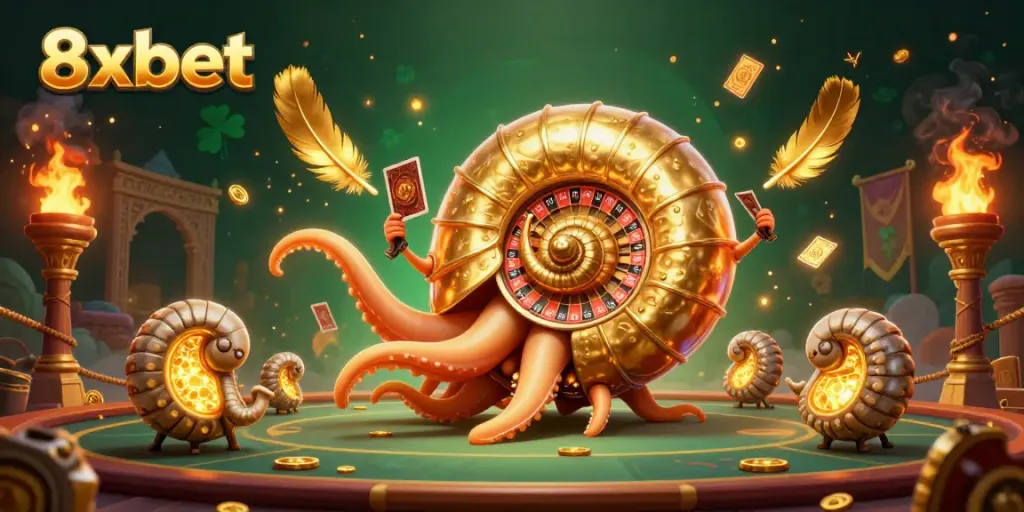 Experience the thrill of winning at 8xbet with a vibrant 3D casino scene featuring dynamic gaming elements.