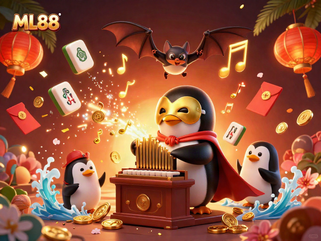 Experience thrilling gaming at ML88 with a cartoon penguin and acrobatic bat amidst golden casino elements.