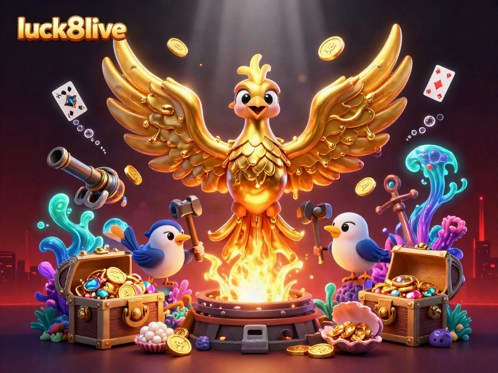 Immerse yourself in luck8live's thrilling casino experience with interactive golden phoenix and vibrant treasures.