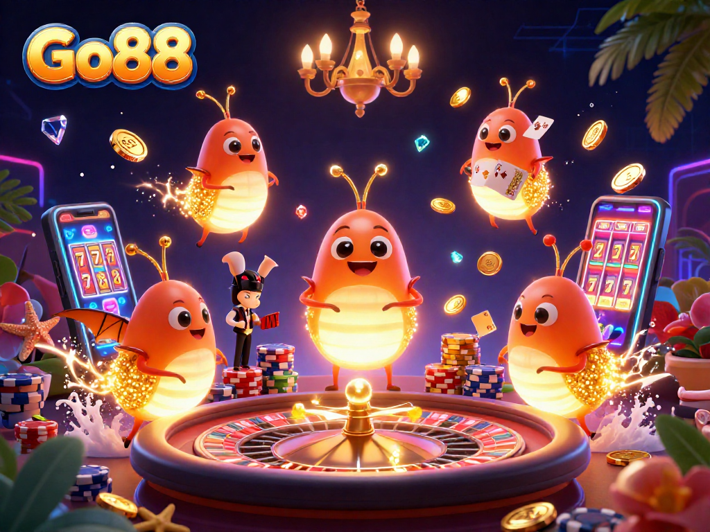 Light up your gaming experience at Go88 with glowing characters, coins, and slot reels in a vibrant casino setting.