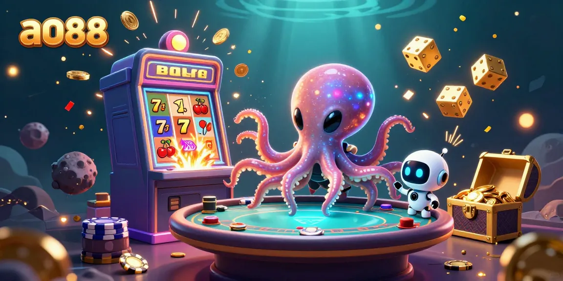 Exclusive ao88 gaming experience illustrated with an alien octopus at a holographic poker table with dynamic casino elements.