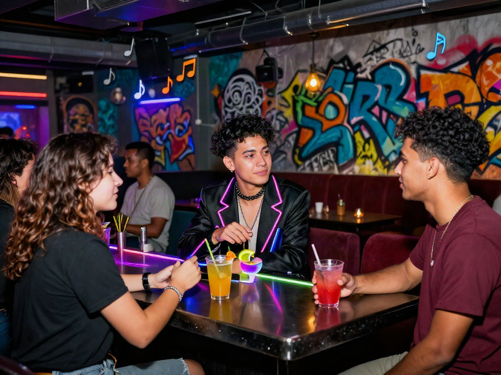 Vibrant urban nightlife scene showcasing nsfw elements, with stylish attire, neon lights, and cocktails.